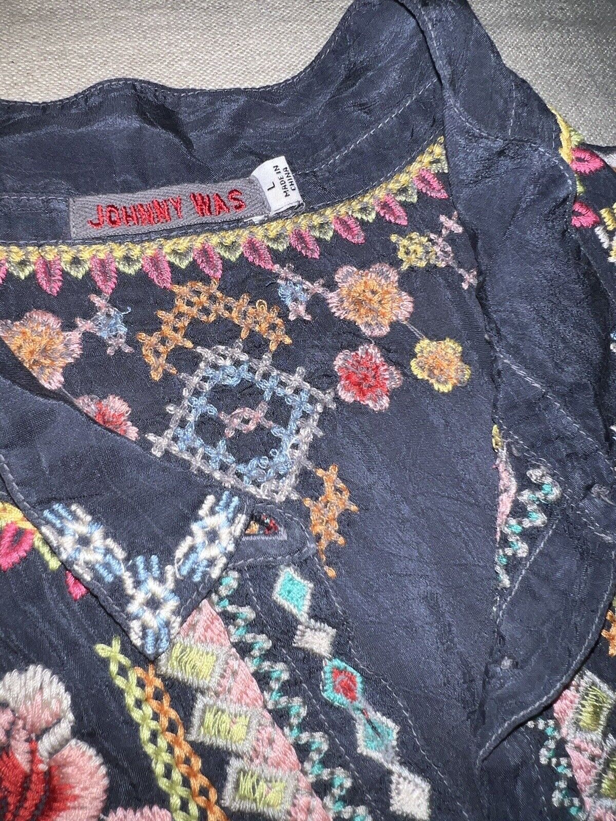 Johnny Was Sz L Large Heavily Embroidered Silky Navy Tunic Top Kimono Sleeve