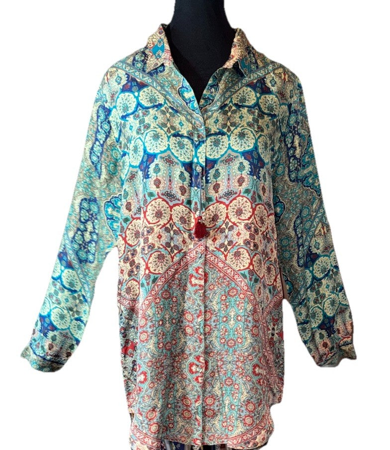 Johnny Was L 100% Silk Button Up Blouse Tunic Top Long Sleeve Lightweight Cool Johnny Was