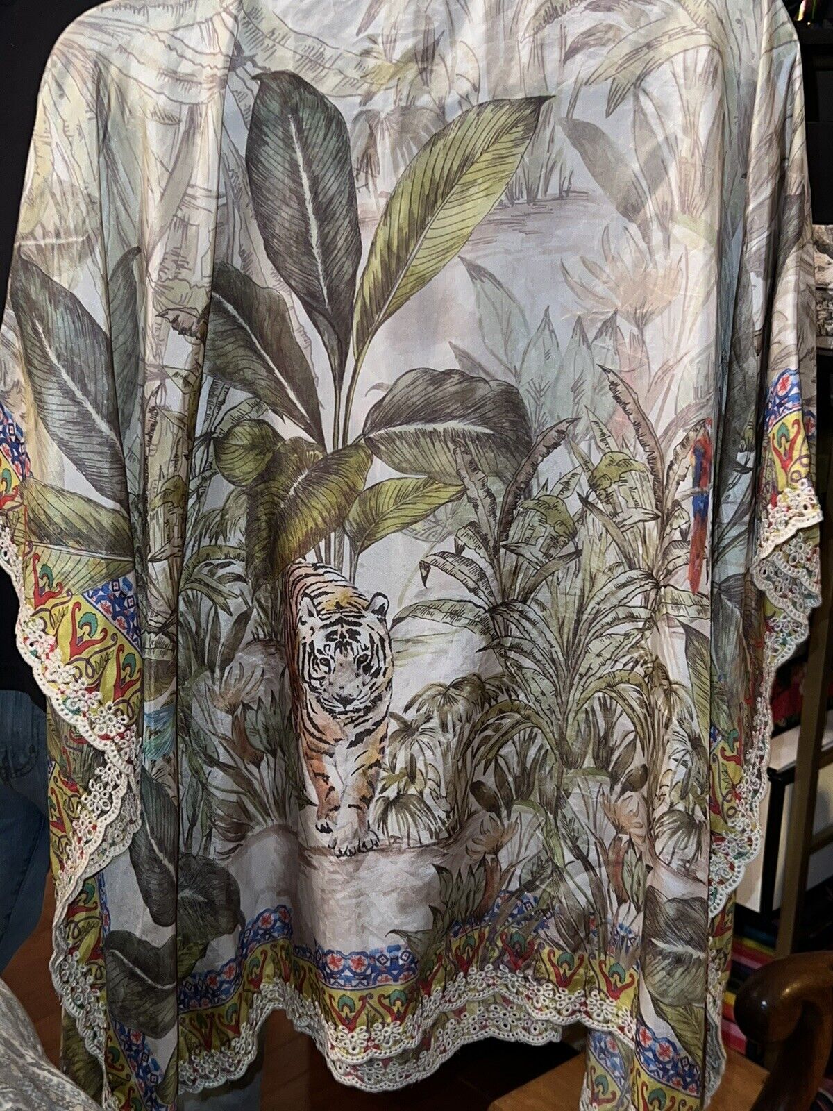 Johnny Was 100% Silk O/S Plus Cover Up Kaftan Kimono Tunic Top Tassels