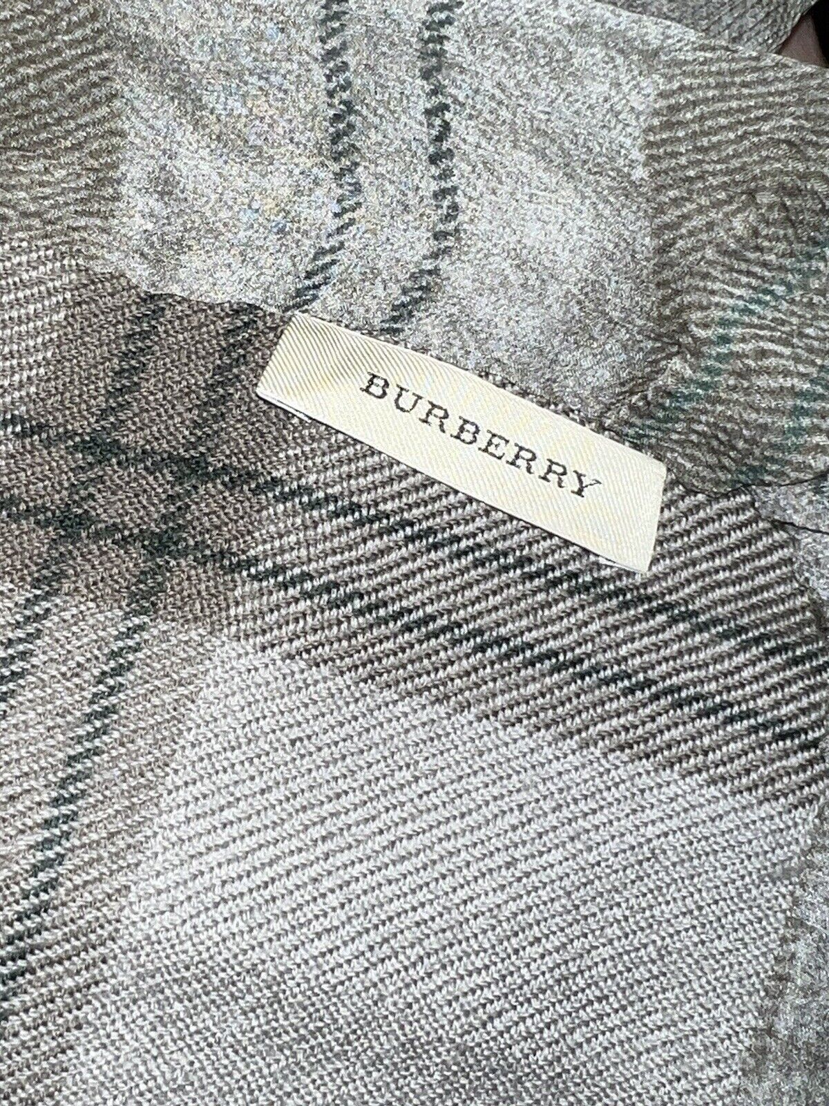 Burberry Scarf Silk And Sheer Plaid Olive Grey Green 35” x  18”