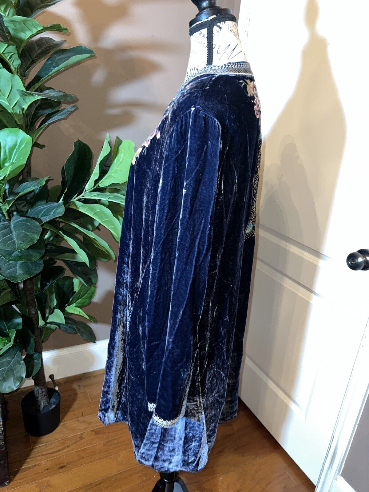 Johnny Was XL 1X Blue Velvet Kimono Mini Dress Peacock Feather Embroidery