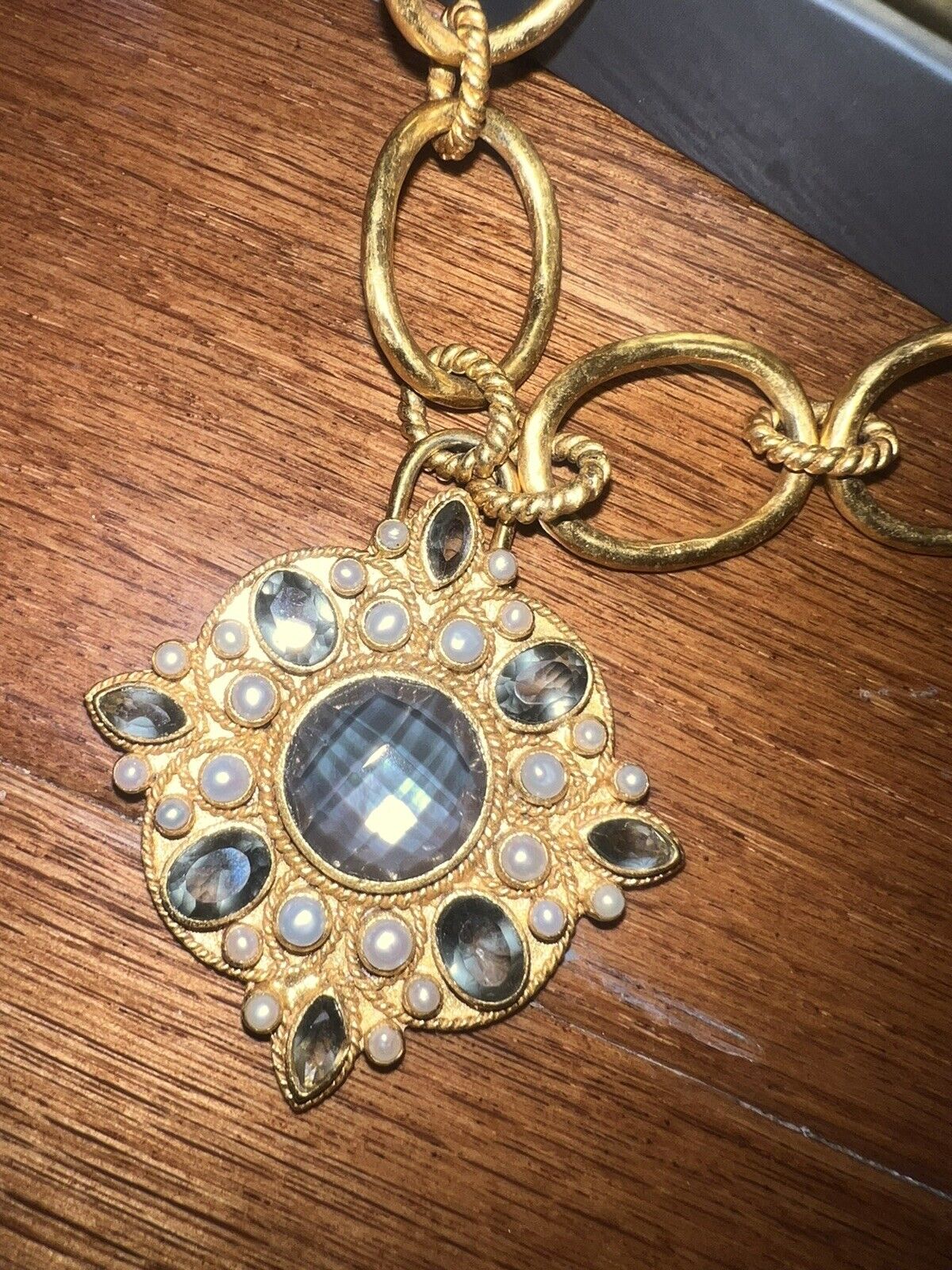 Julie Vos 24k Gold Plate/Pearls/Blue Iridescent Statement Necklace & Pendant