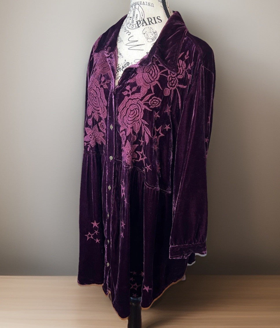 Johnny Was 1X Burgundy Wine Velvet Embroidered Shirt Tunic Top Button Up Johnny Was