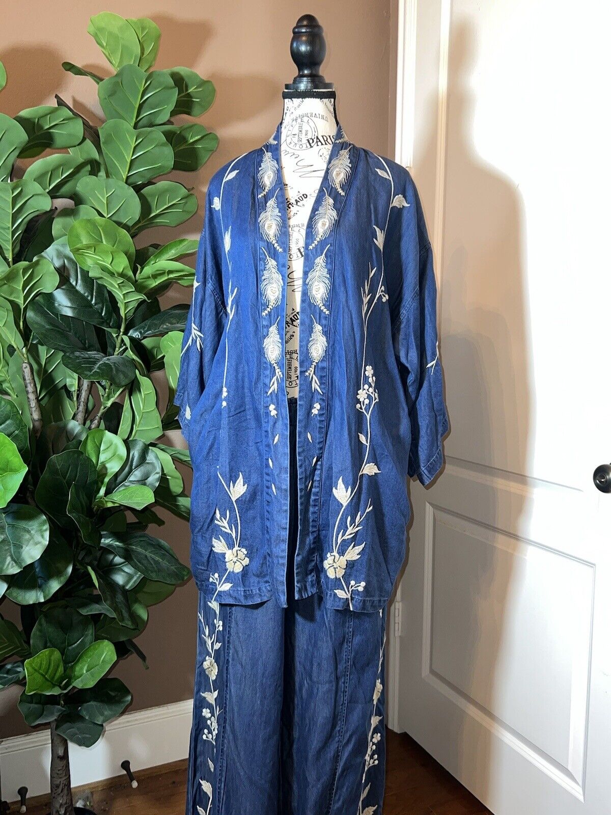 Johnny Was 2pc Set Denim XL Kimono & L Wide Leg Pants Embroidered Crane RARE