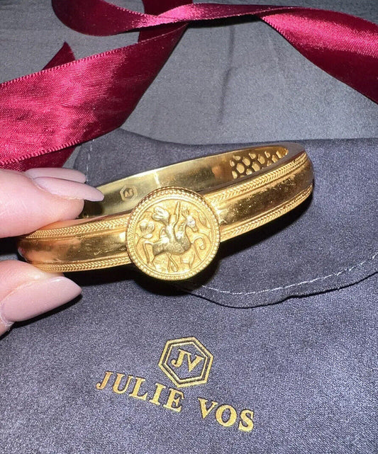 NEW Julie Vos Coin Medallion Hinged Cuff Bangle Bracelet 24k Gold Plated & CZ