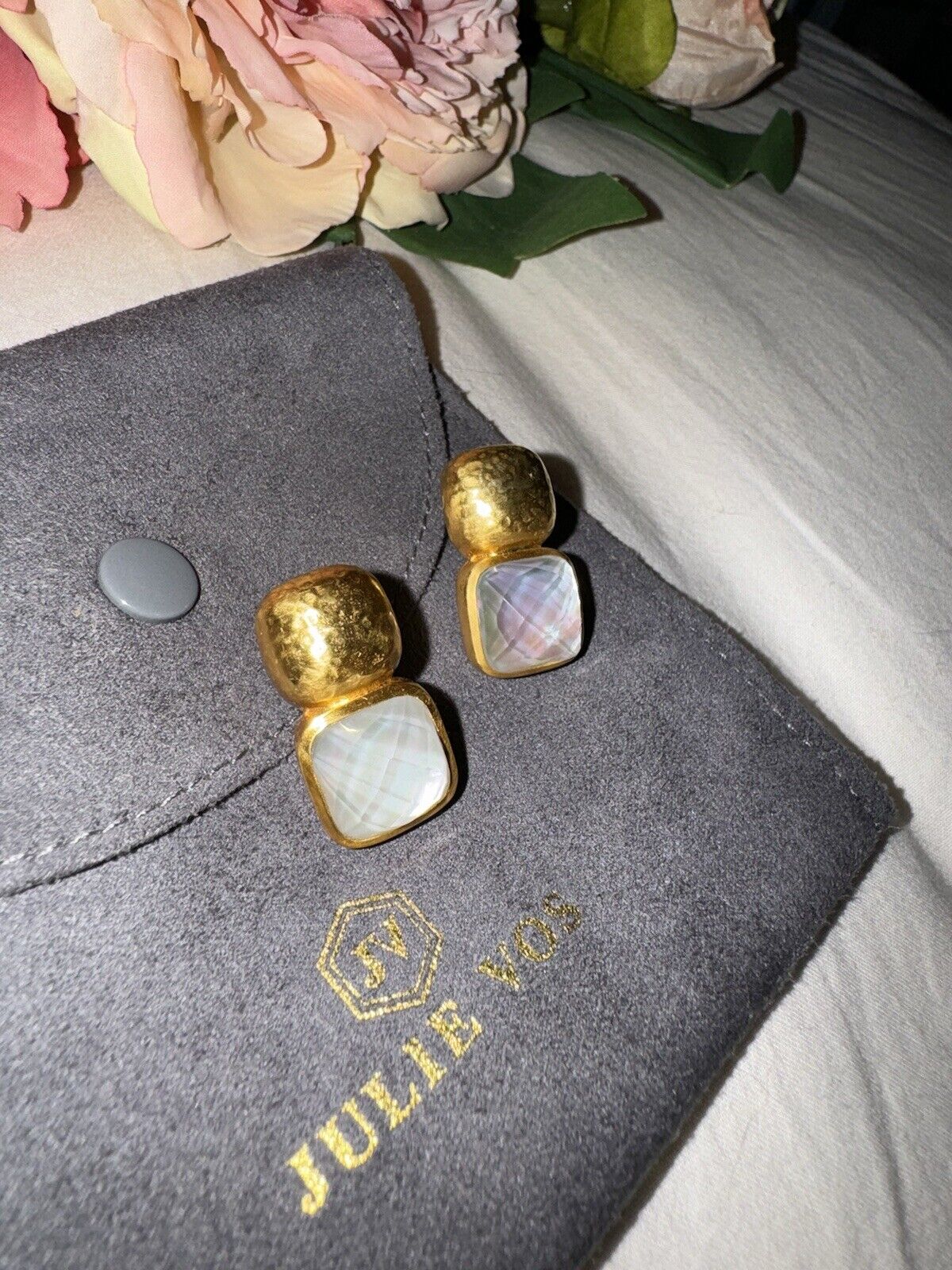 NEW Julie Vos Iridescent Clear Crystal 24k Gold Plated Earrings NWOT