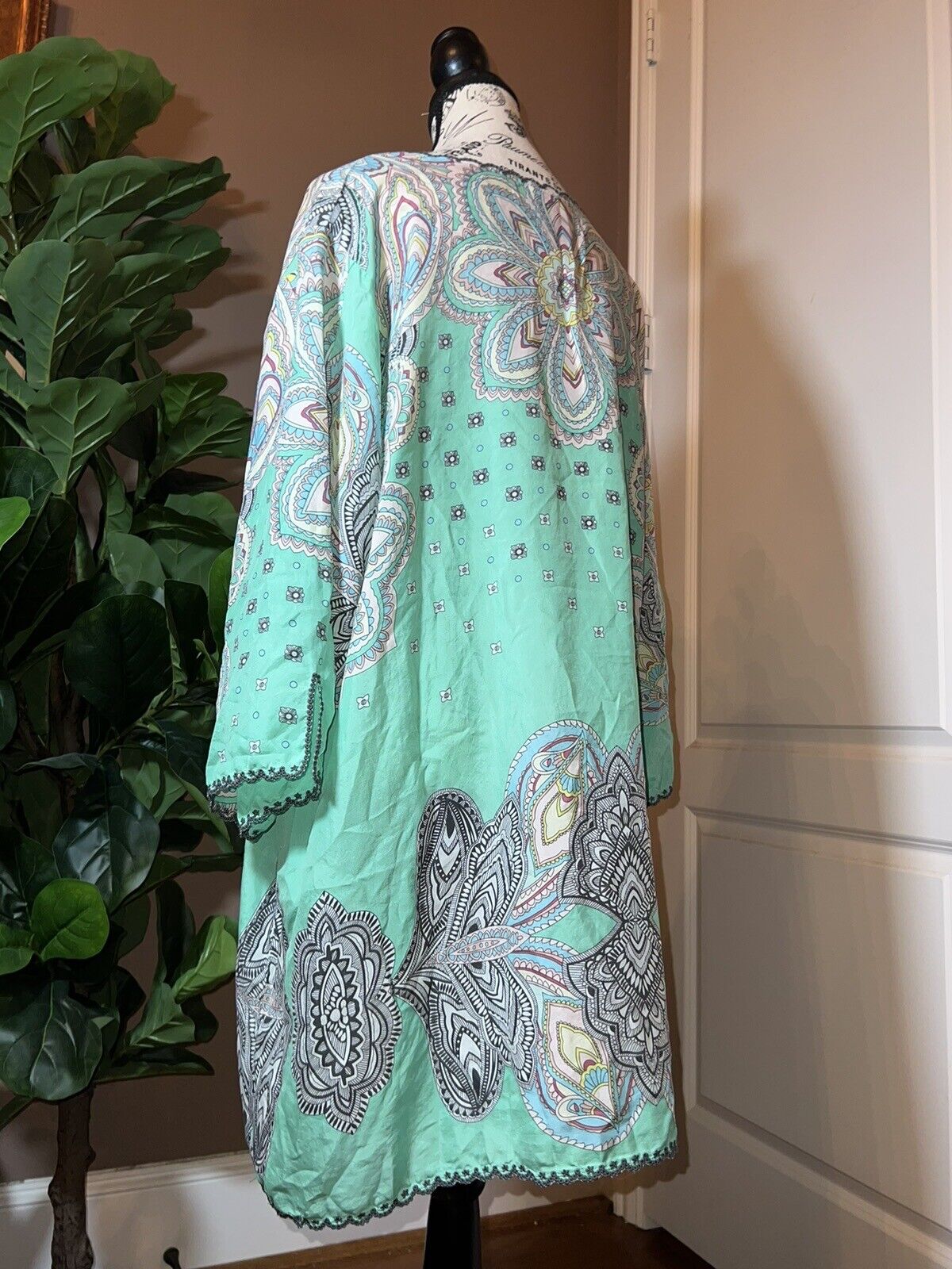 Johnny Was XXL 2X 2XL 100% Silk Long Sleeve Tunic Top Kimono Soft Green Exc Cond