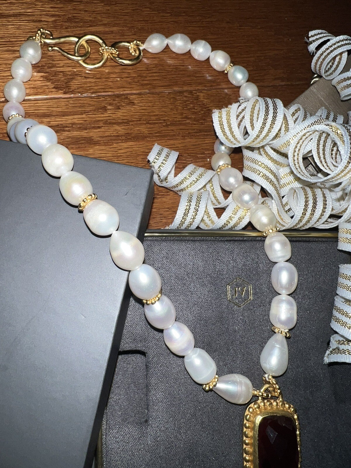 Julie Vos Freshwater Pearl & Ruby Red 24k Gold Plate Statement Necklace WOW! Julie Vos