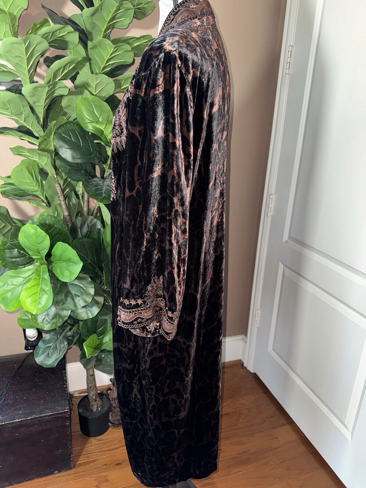 Johnny Was L Large Velvet Long Kimono Duster Wrap Leopard & Lace Jacket