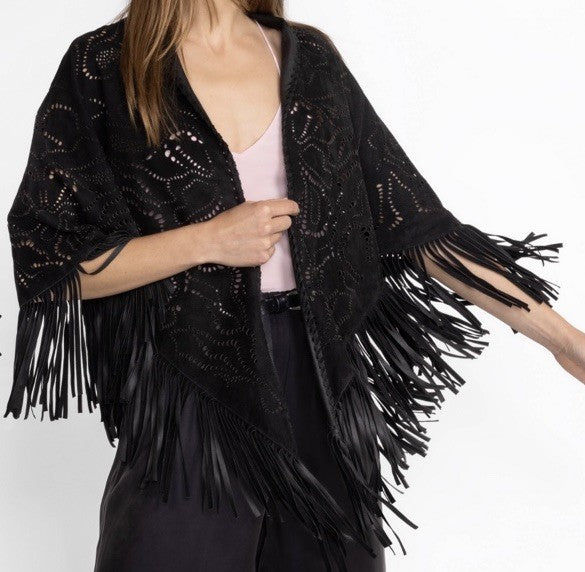 Johnny Was S/M Black Suede Leather Poncho Laser Cut Kimono Wrap $998 Retail Johnny Was