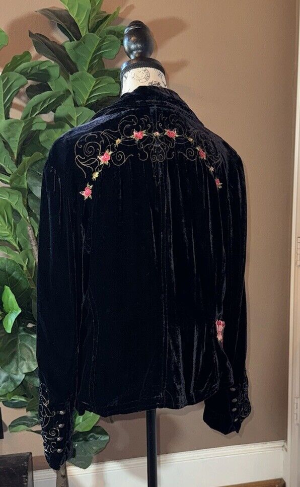 Johnny Was XL Black Velvet Jacket Coat Blazer Silk Lined Embroidered Kimono