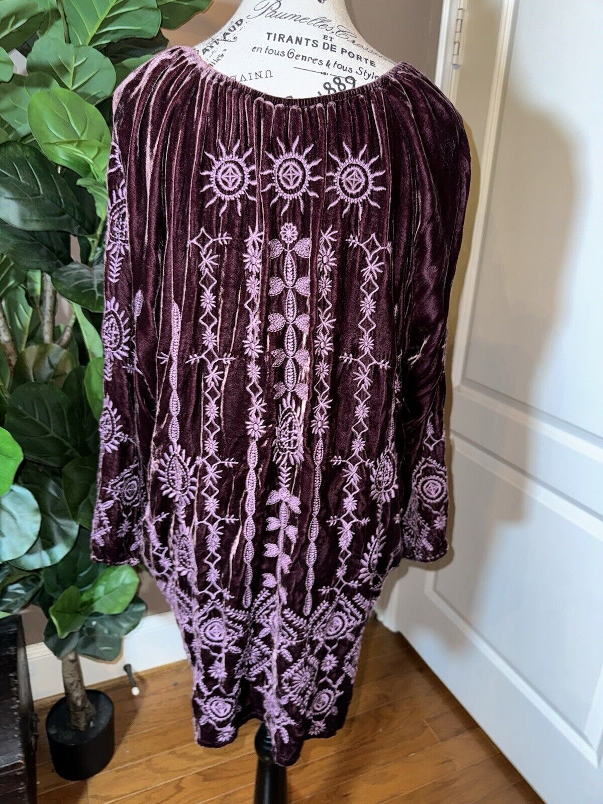 JOHNNY WAS XXL VELVET Eggplant Purple Embroidered Dress Peasant Top Tassels