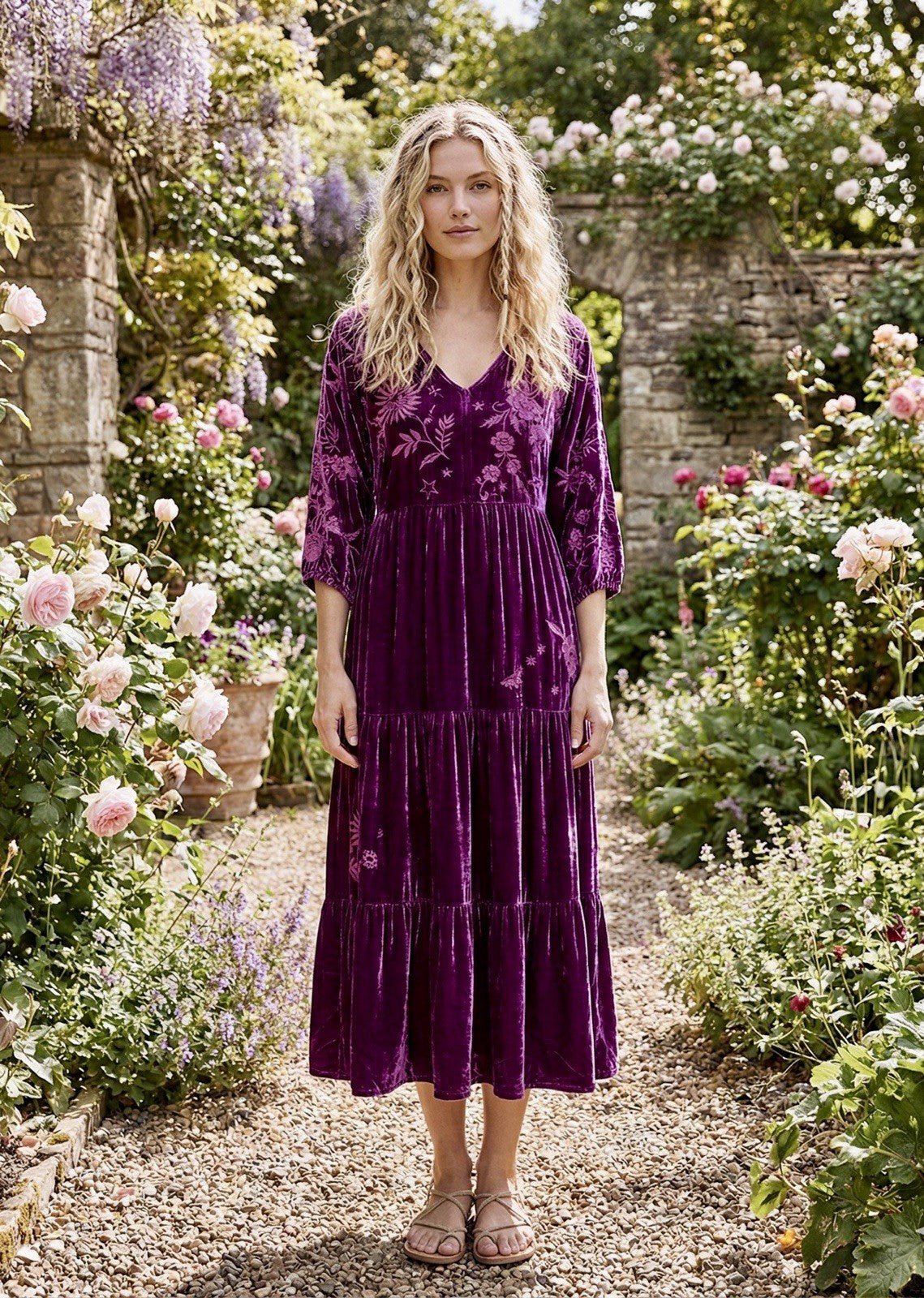 JOHNNY WAS XL Eggplant Velvet Midi Dress Tiered Embroidered Maxi $490 Retail Johnny Was