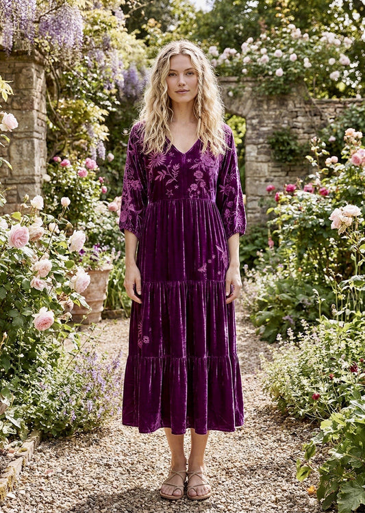 JOHNNY WAS XL Eggplant Velvet Midi Dress Tiered Embroidered Maxi $490 Retail Johnny Was