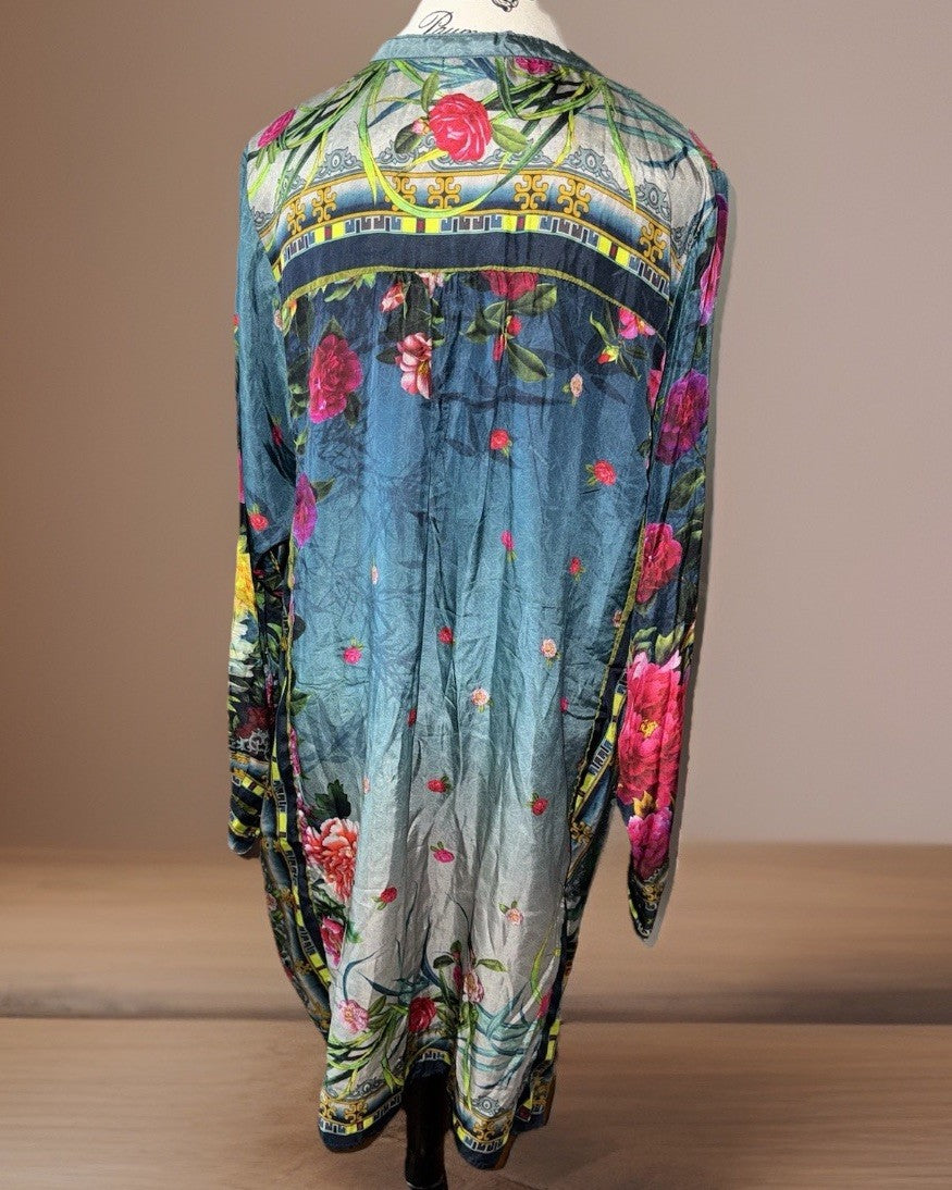 Johnny Was XL 100% Silk Mini Shirt Dress Button Up Tunic Top  Roses Blue Johnny Was