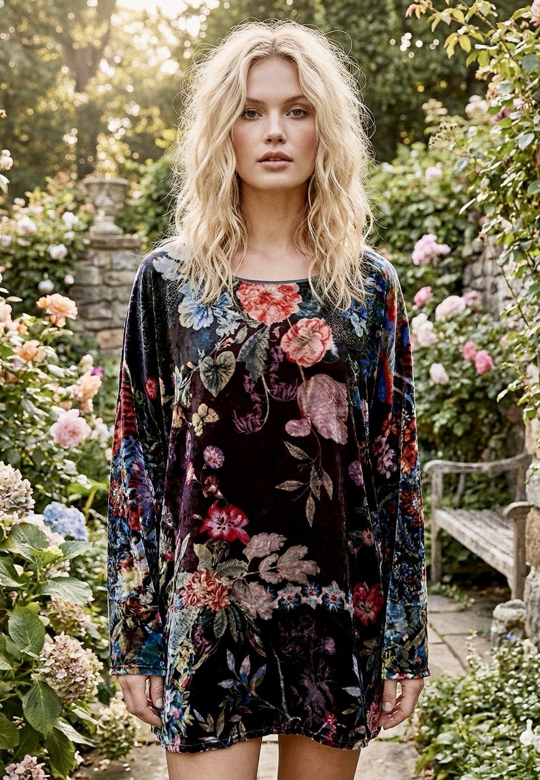 Johnny Was XL Floral Velvet Tunic Top Mini Dress Long Sleeve Lightweight Cool Johnny Was