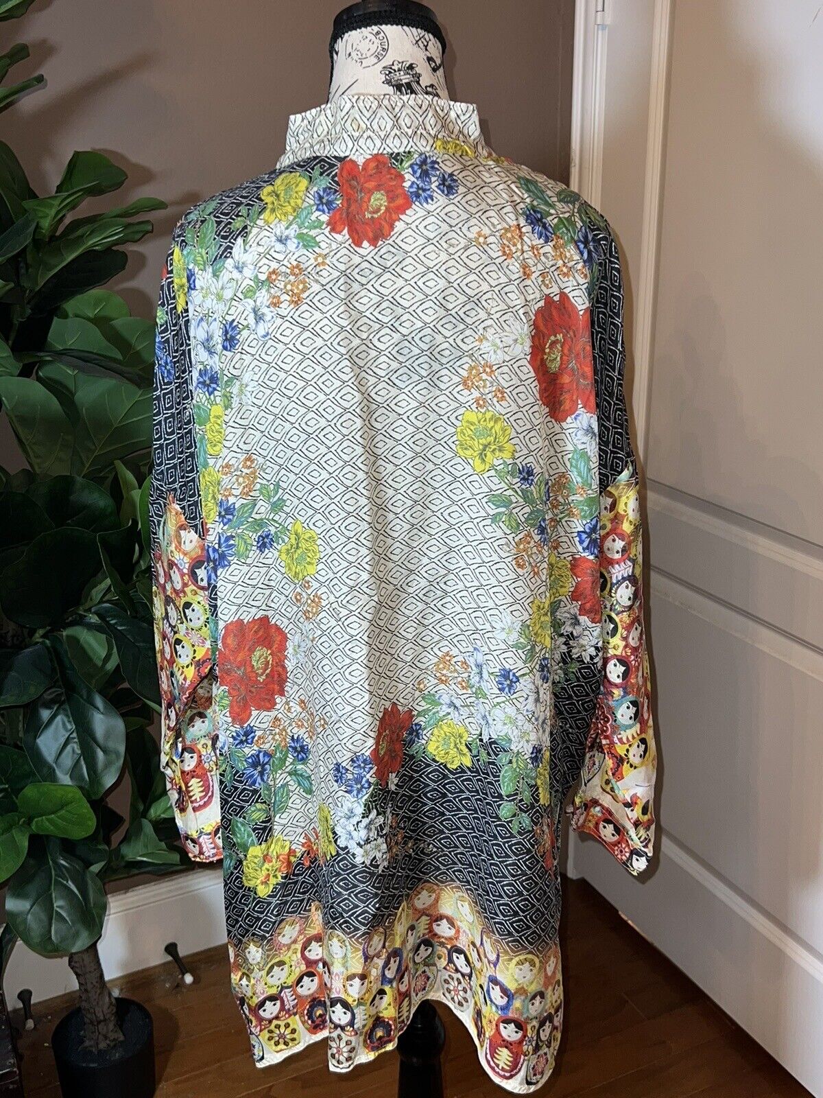 Johnny Was Nesting Dolls 100% Silk Blouse Top Tunic L  Large OVERSIZED