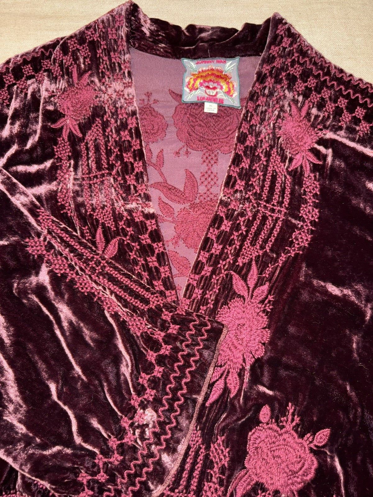 Johnny Was XL Wine Red Velvet Kimono Wrap Embroidery Cardigan Lightweight Jacket Johnny Was