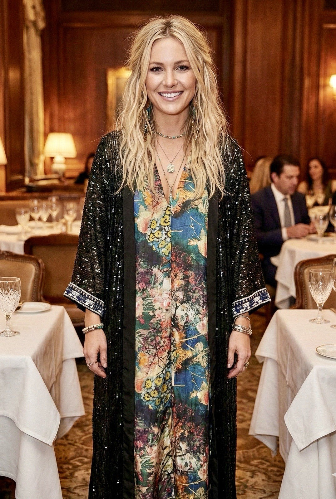 Johnny Was L 100% Silk & Sequins Black KIMONO Long Duster Coat REVERSIBLE Johnny Was