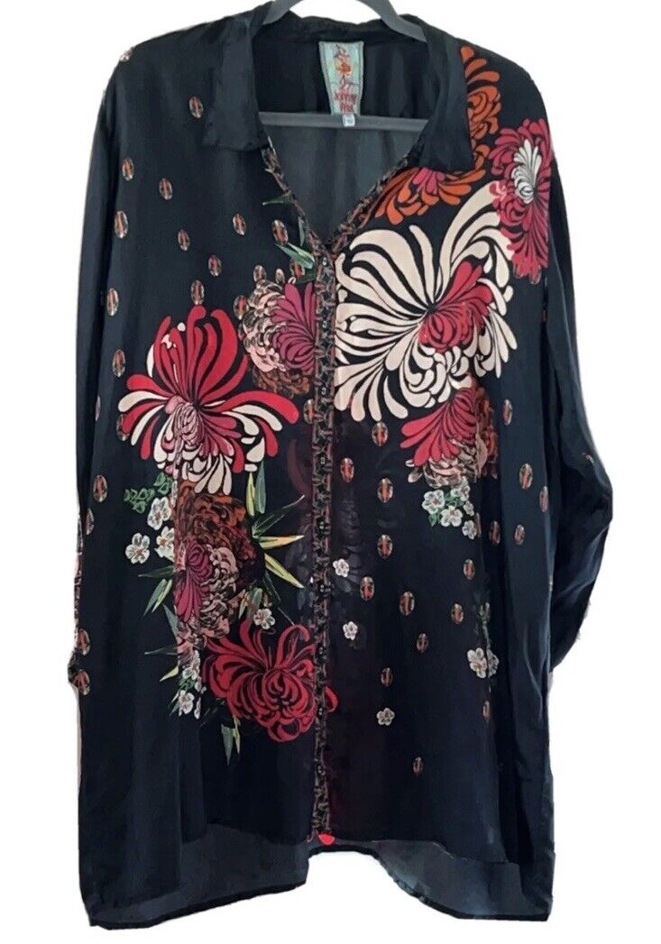 Johnny Was 100% Silk Black & Floral Pattern Tunic Top Kimono PXXL