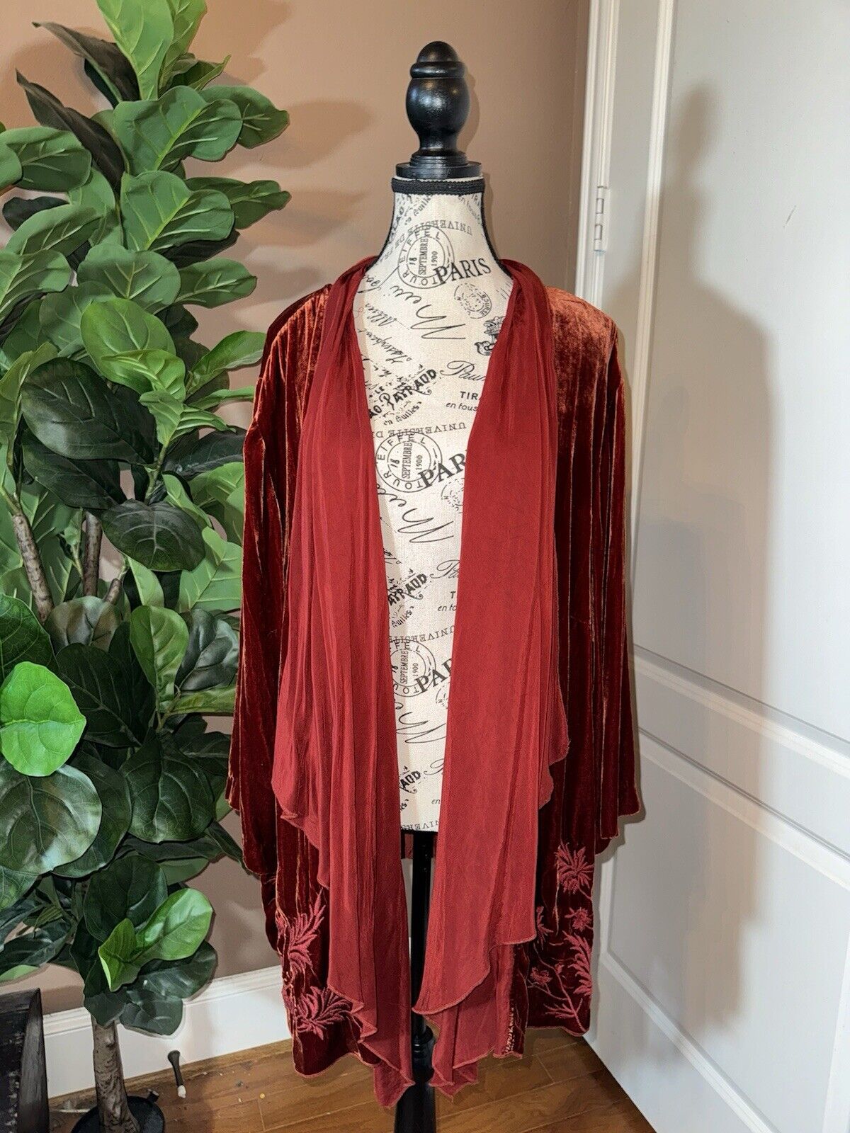 Johnny Was 3X Wine Red Velvet & Silk Kimono Wrap Embroidered Cardigan Jacket