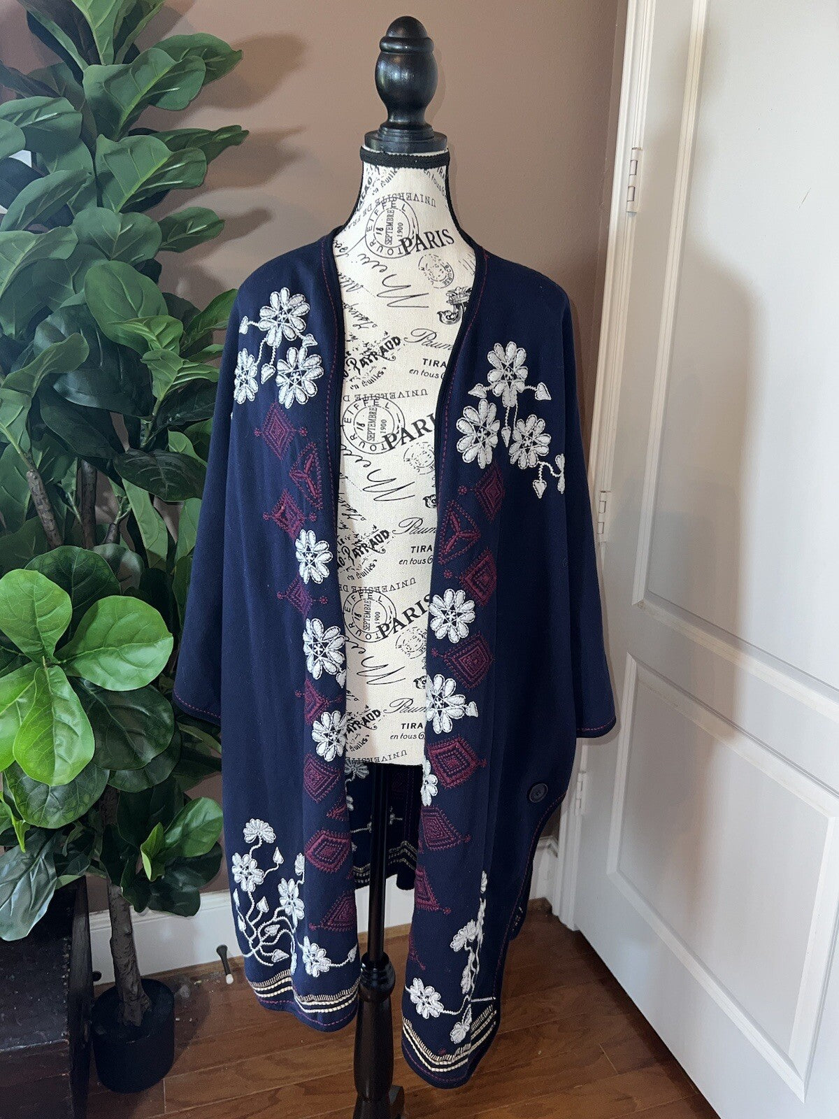 Johnny Was Navy Blue & Red French Terry 3X Kimono Wrap Poncho Coat Jacket Johnny Was