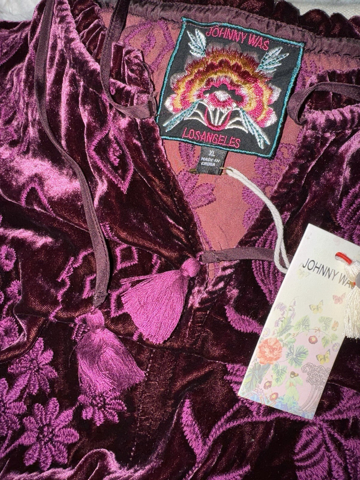 JOHNNY WAS XL VELVET Mini Dress Eggplant Purple Tiered Peasant Top Tassels Johnny Was