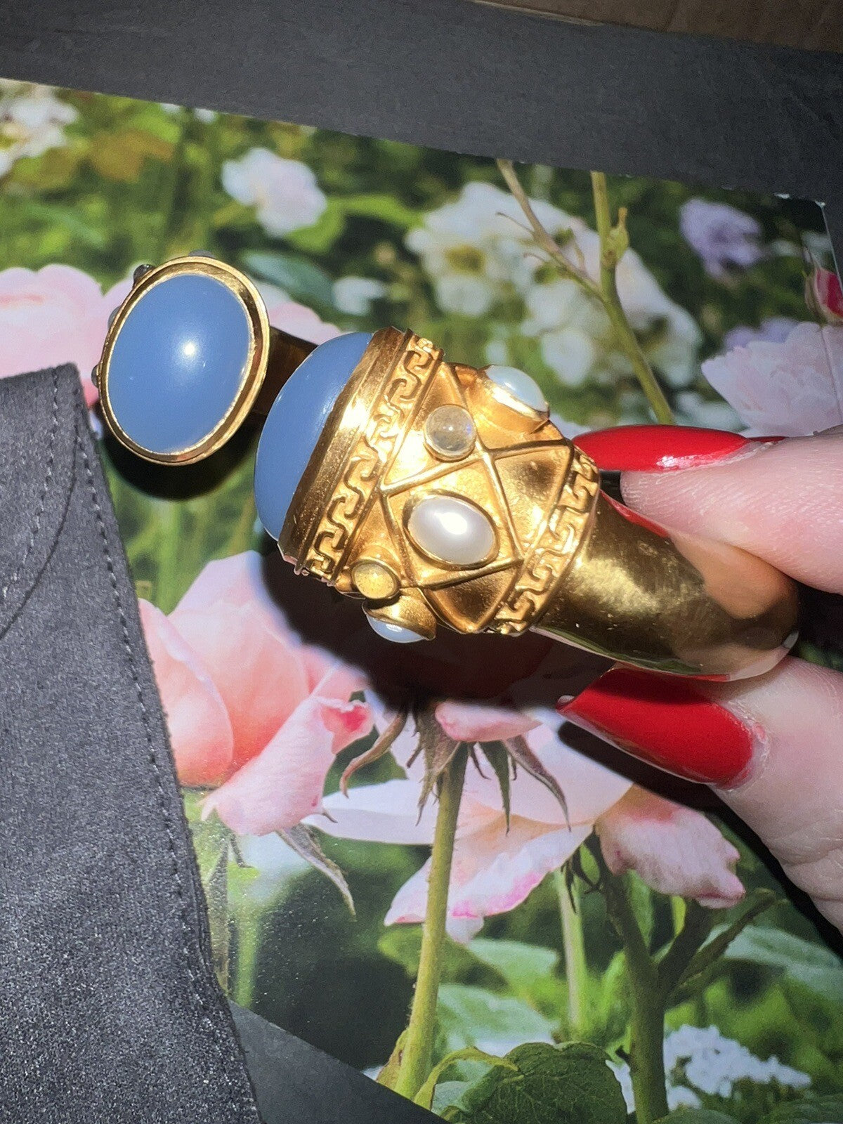 Julie Vos Soft Blue & Pearl Hinged Cuff Bracelet 24k Gold Plated Bangle Julie Vos