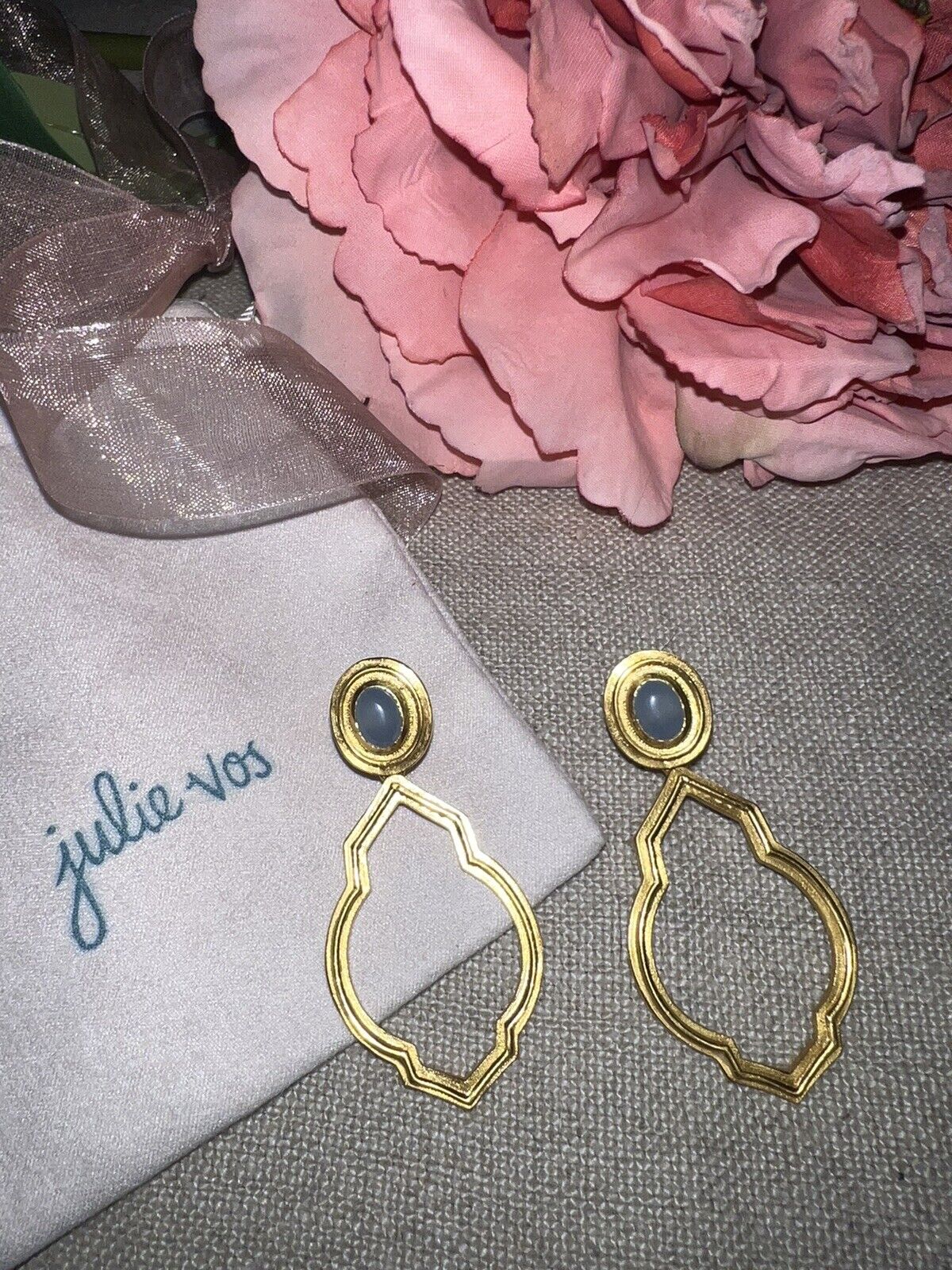 New Julie Vos AMAZING Blue Stone Statement Earrings 24k Gold Plated