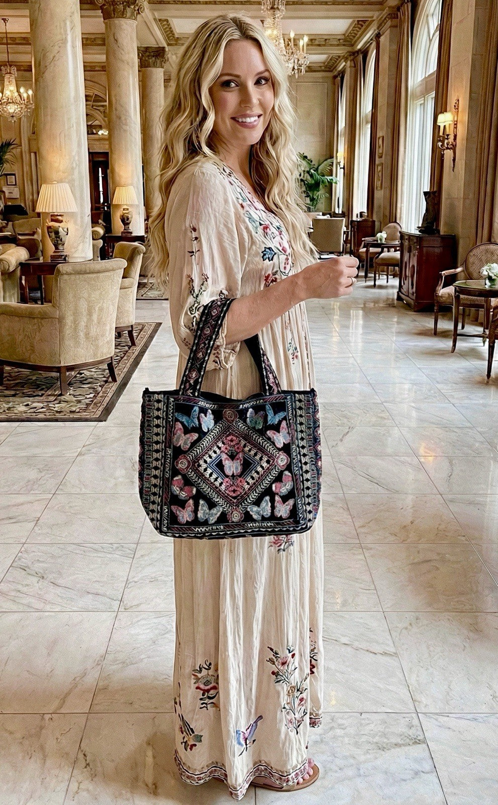 Johnny Was Large Black Velvet Hobo Bag Tote Purse Embroidered Crossbody Johnny Was