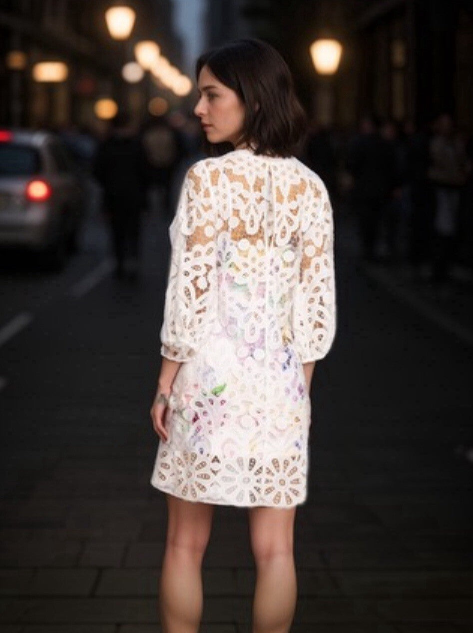 Johnny Was XL White Eyelet Lace Shift Mini Dress & Floral Slip Retail $538 Johnny Was