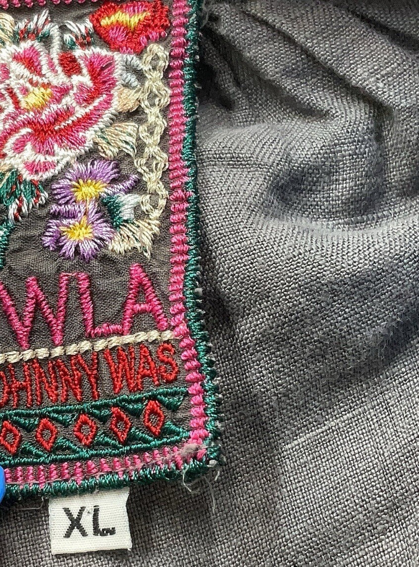 Johnny Was XL Grey Linen Shift Mini Dress Tunic Top Embroidered Cream Flower Johnny Was