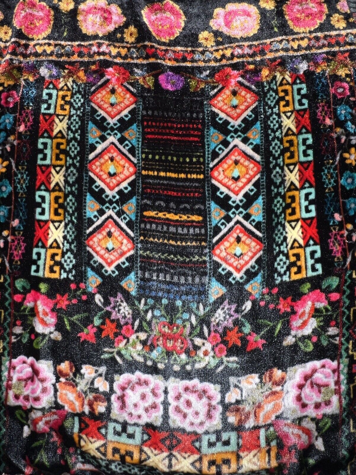 Johnny Was Black & Floral Velvet Tunic Top L Large Peasant  Roses Kimono