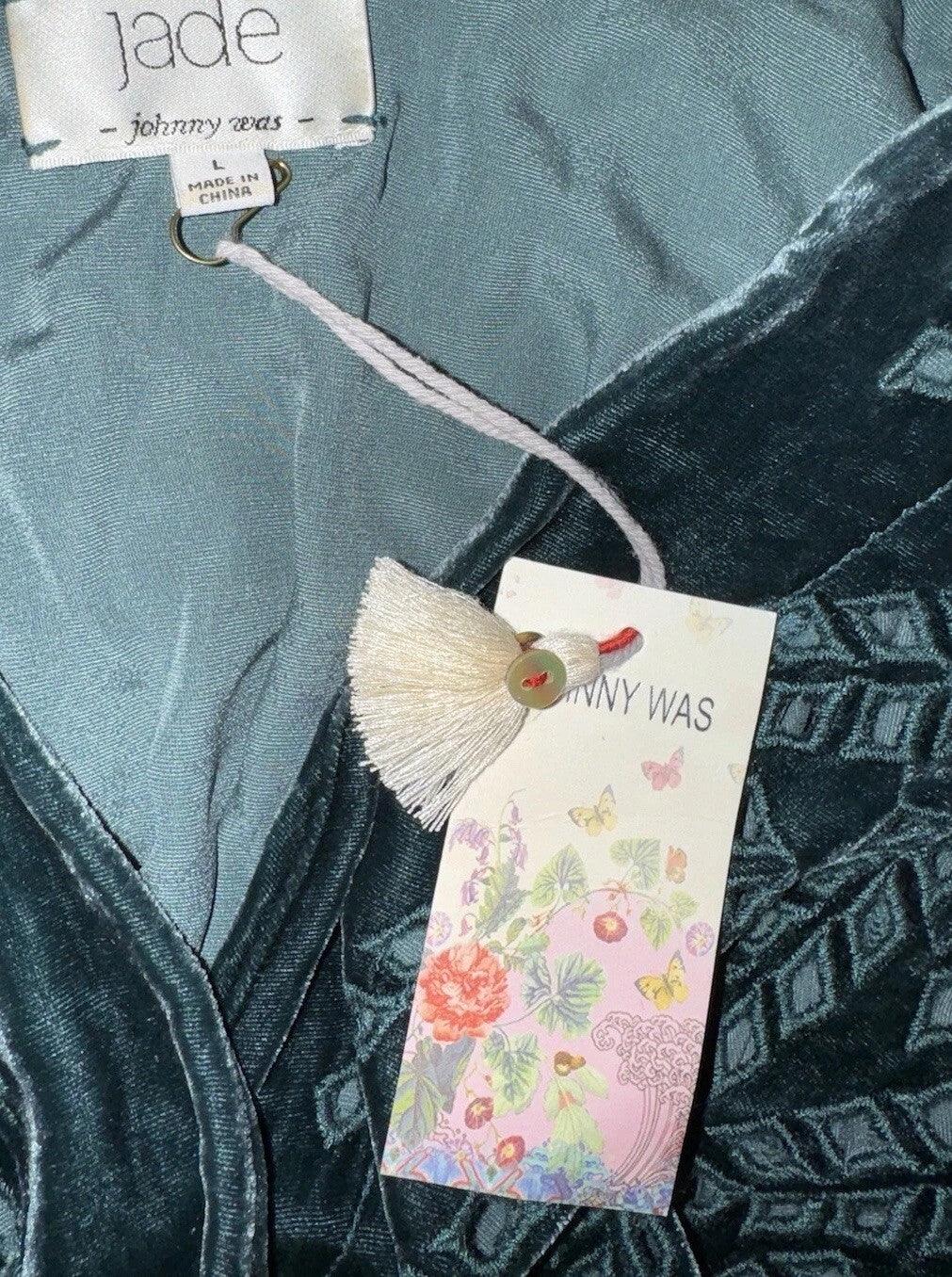 Johnny Was Jade L Large Velvet Long Kimono Duster Wrap Green Coat Embroidery Johnny Was