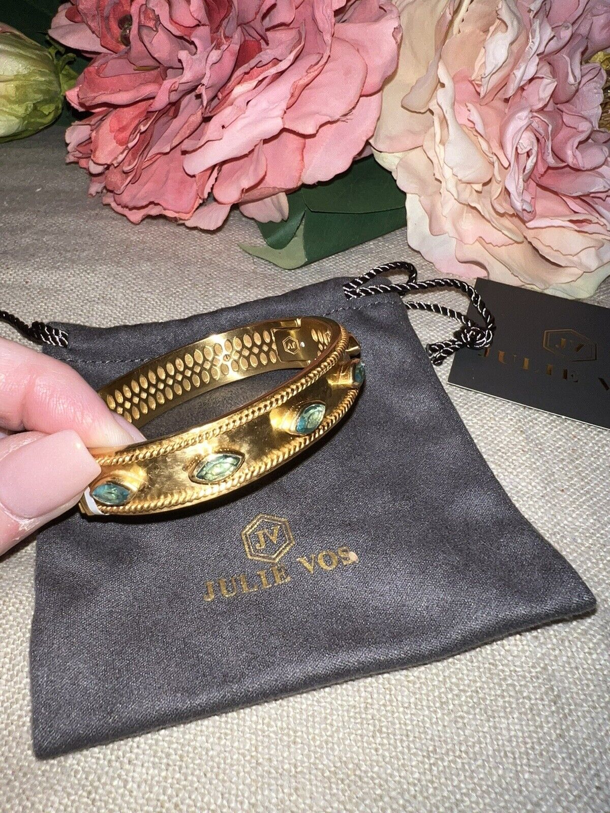 NEW Julie Vos Bahamian Blue 24k Gold Plate Large Hinged Cuff Bangle Bracelet NWT