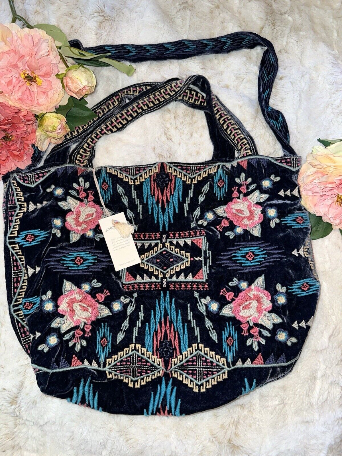 Johnny Was Large Blue Velvet Hobo Bag Tote Purse Embroidered Crossbody