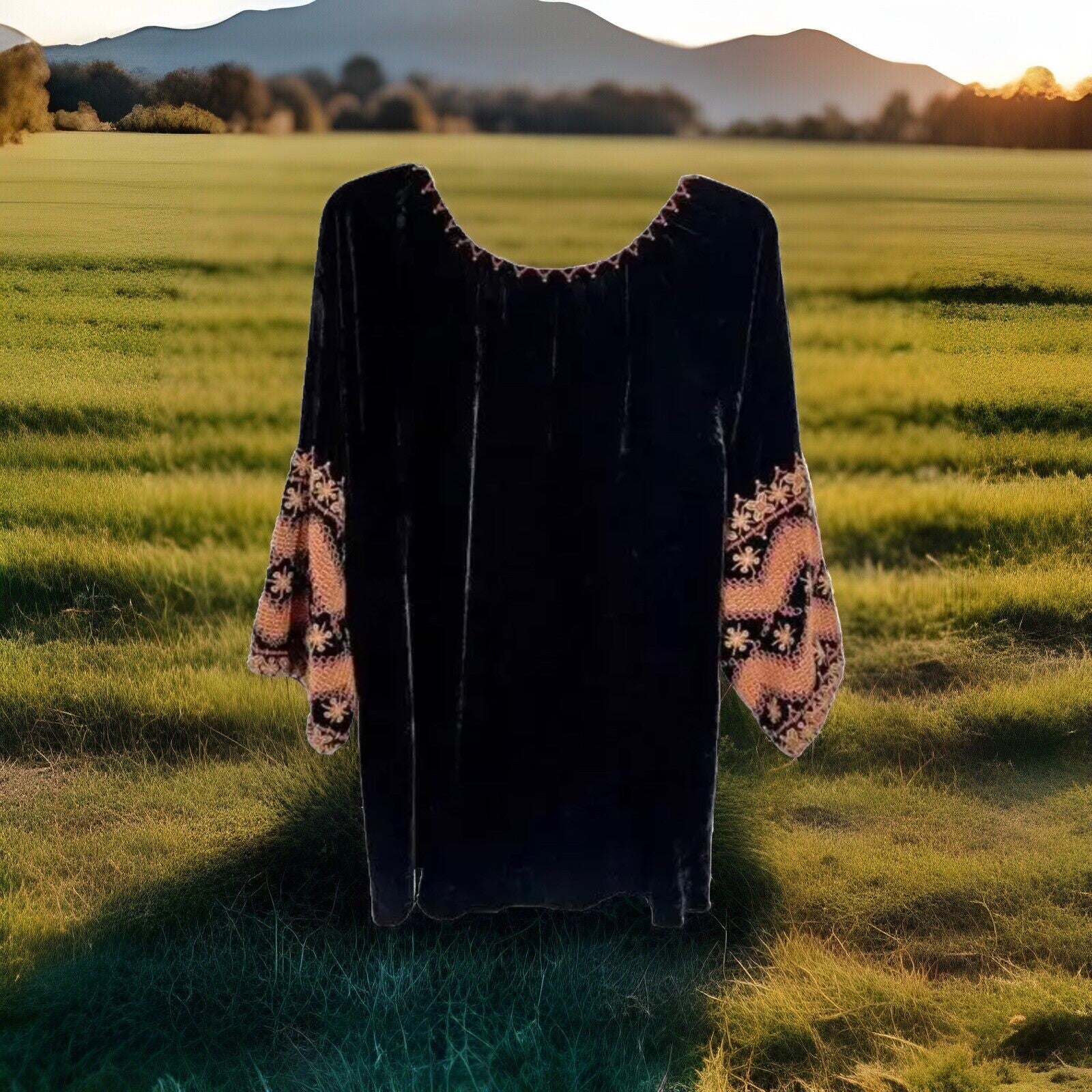 Johnny Was Sz L Large Heavily Embroidered Black Velvet Peasant Top Blouse Johnny Was