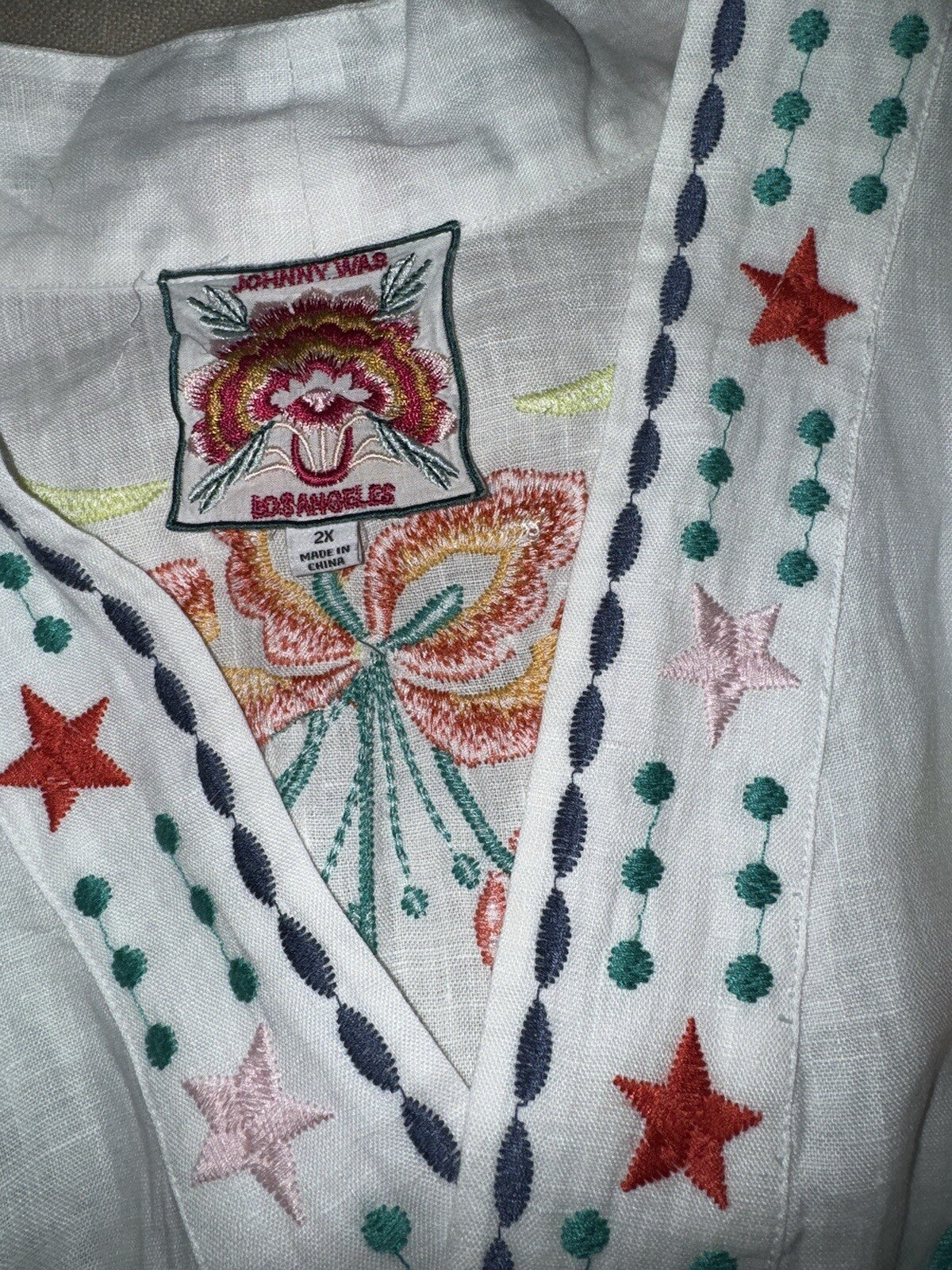 Johnny Was 2X White Linen Kimono Colorful Embroidery Top BOHO Wrap Jacket Johnny Was