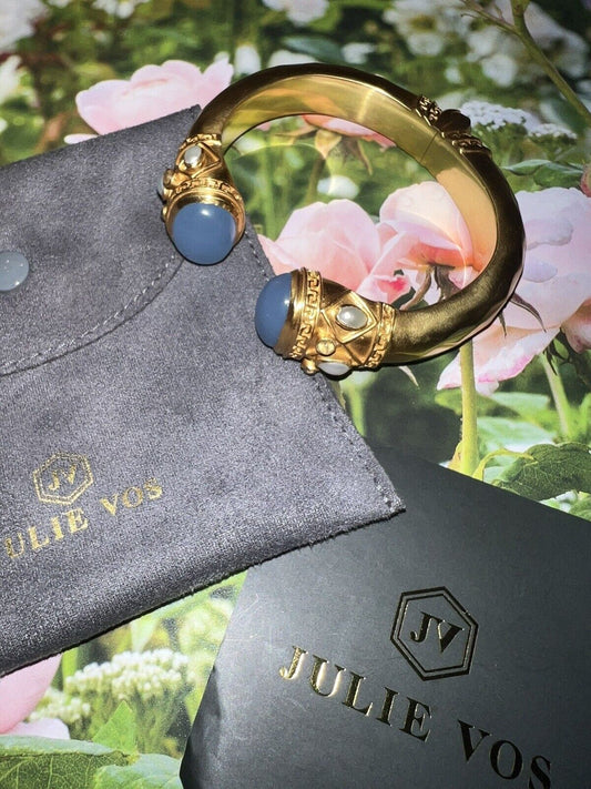 NEW Julie Vos Soft Blue Pearl & 24k Gold Plated Hinged Bangle Cuff Bracelet NWOT