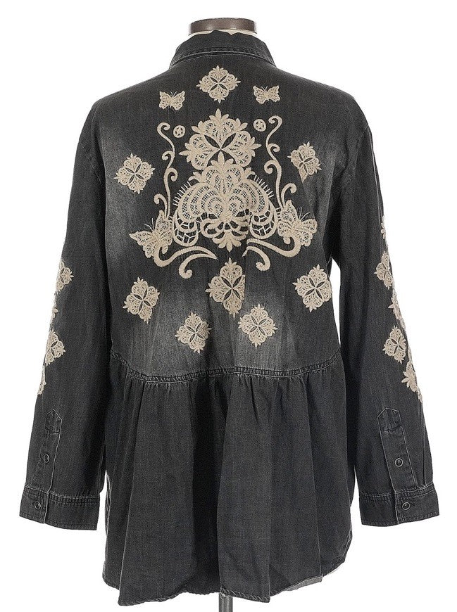 Johnny Was L Black Denim Button Up Shirt Jacket Coat Embroidered Light Wash Johnny Was