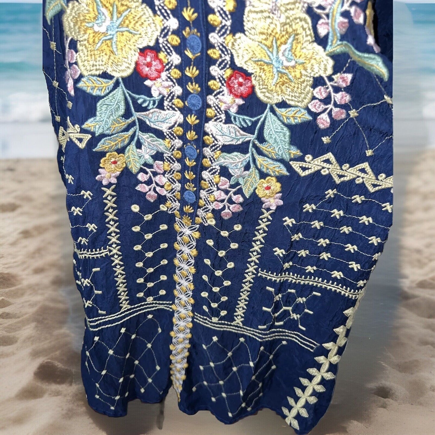 EuC Johnny Was L Large Blue Embroidered Tunic Top Mini Dress Floral RETIRED Johnny Was