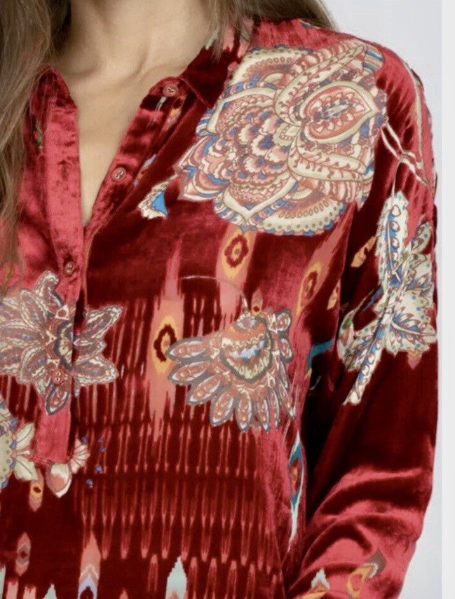 Johnny Was XL Red Burnout Velvet & Silk Button Up Blouse Tunic Top Shirt Johnny Was