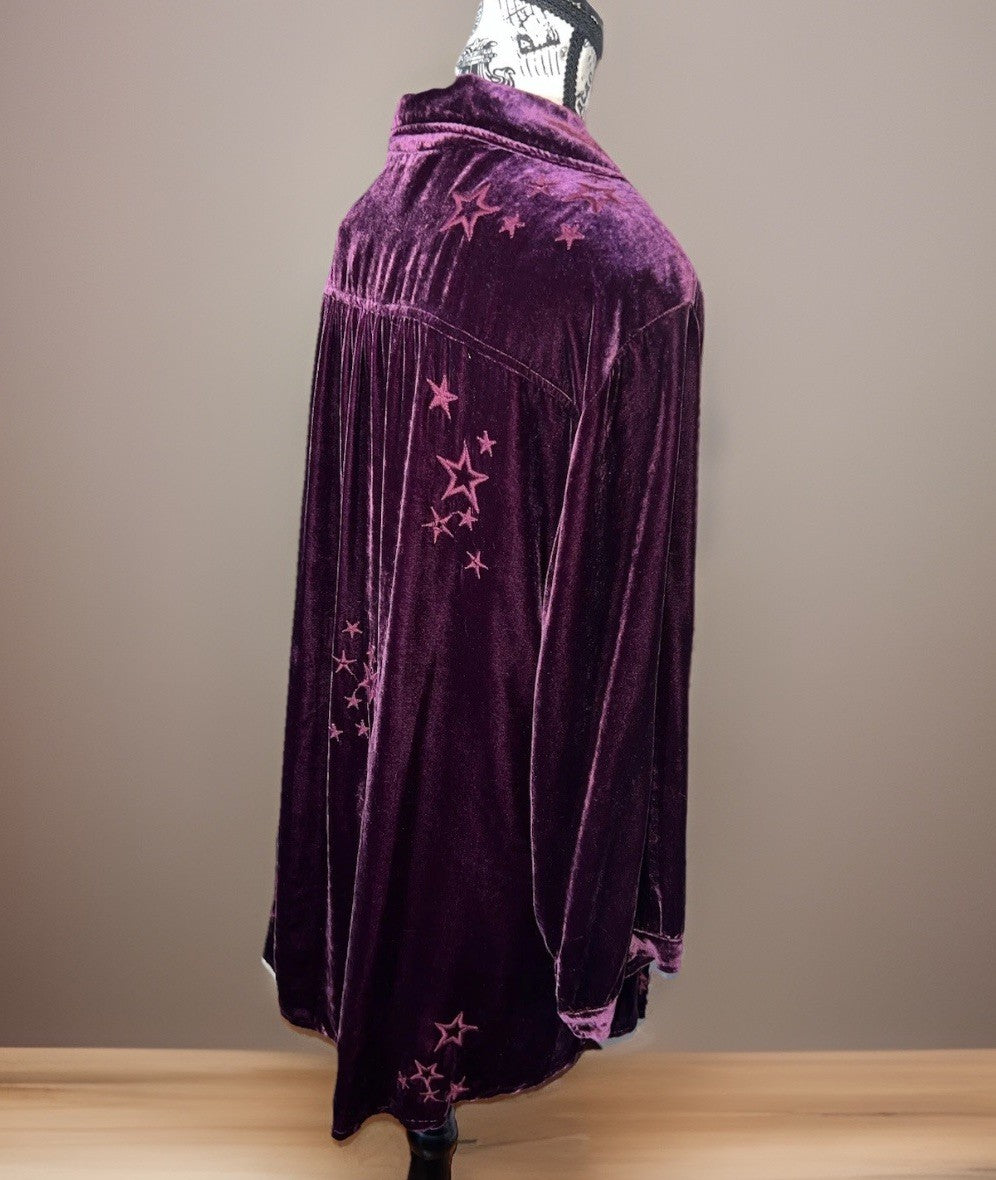 Johnny Was 1X Burgundy Wine Velvet Embroidery Shirt Peplum Top Button Babydoll Johnny Was