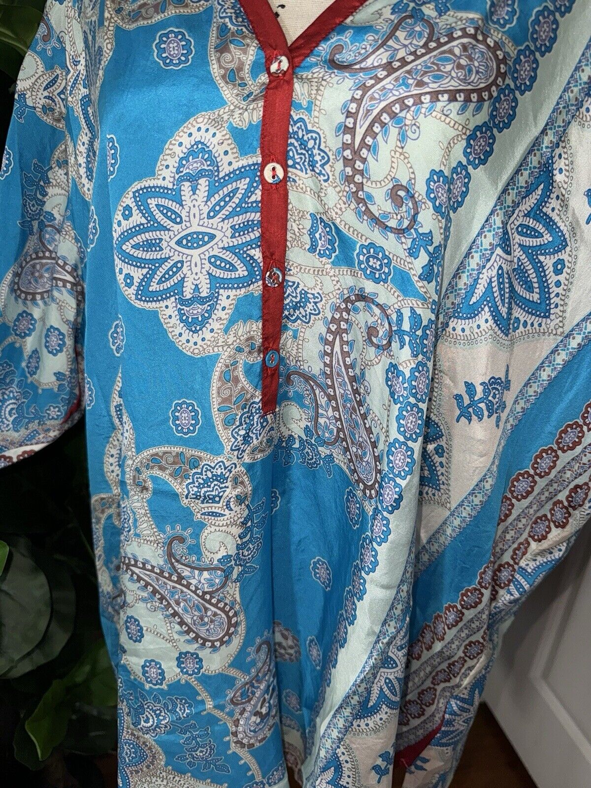 Johnny Was XXL 2X 2XL 100% Silk Long Sleeve Tunic Top Kimono Red White Blue