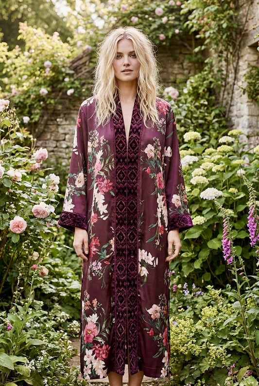 Johnny Was Silk Lined Long Kimono Duster Wrap M Medium Velvet Trim Pockets Johnny Was