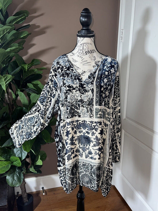 Johnny Was Sz XL Blue & White Velvet Tunic Top Mini Dress Long Kimono Sleeve