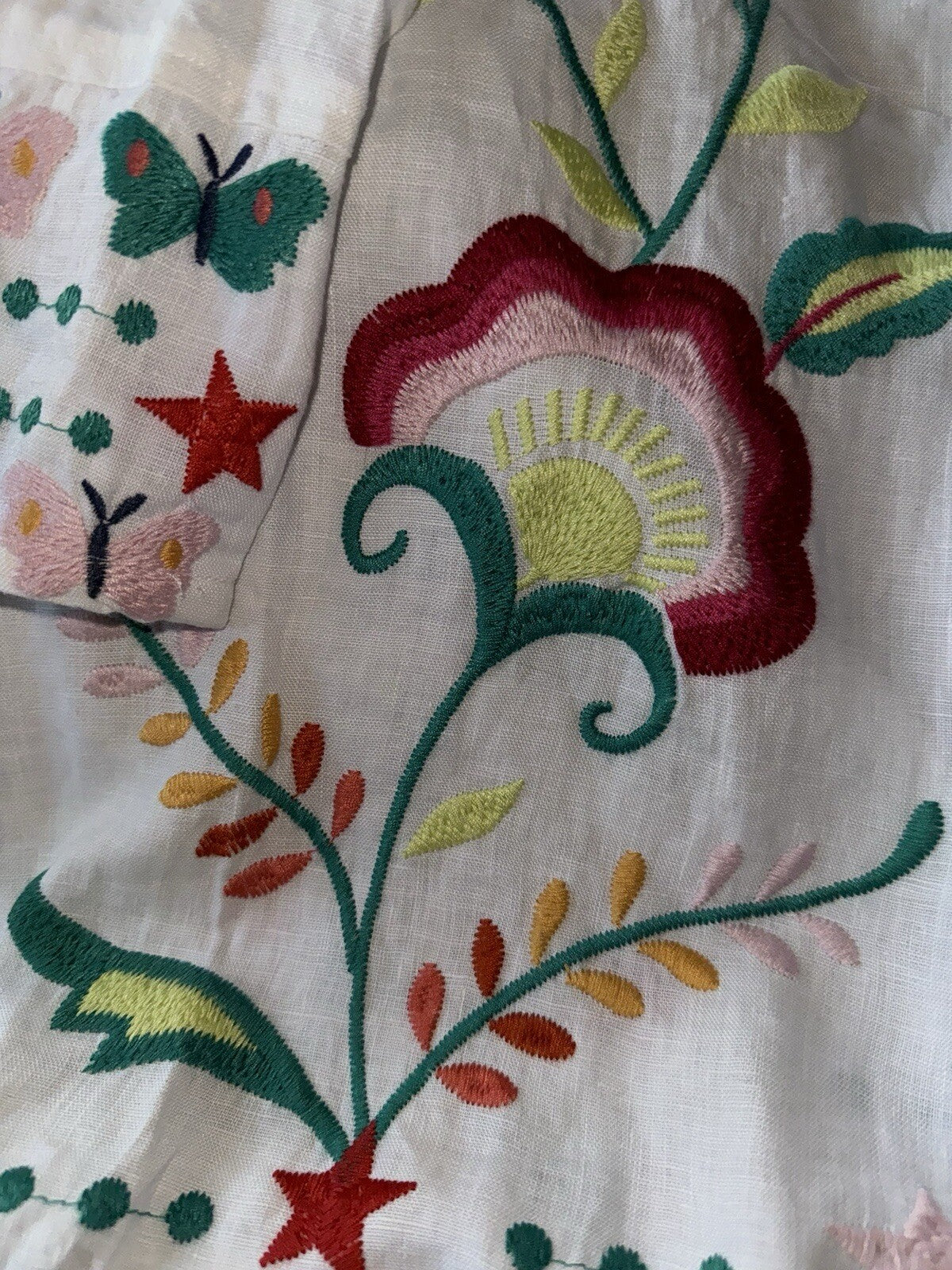 Johnny Was 2X White Linen Kimono Colorful Embroidery Top BOHO Wrap Jacket Johnny Was