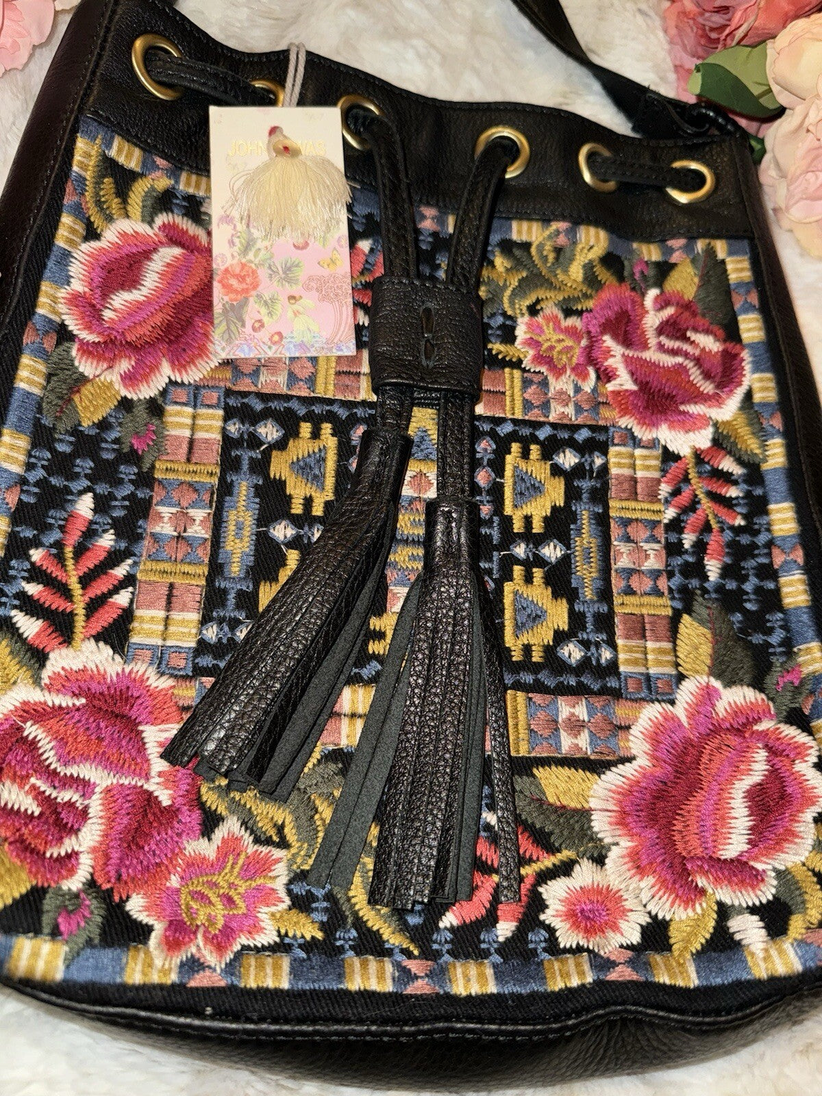 Johnny Was Black Leather Tote Bag Purse Crossbody Hobo Bucket Tassels Johnny Was