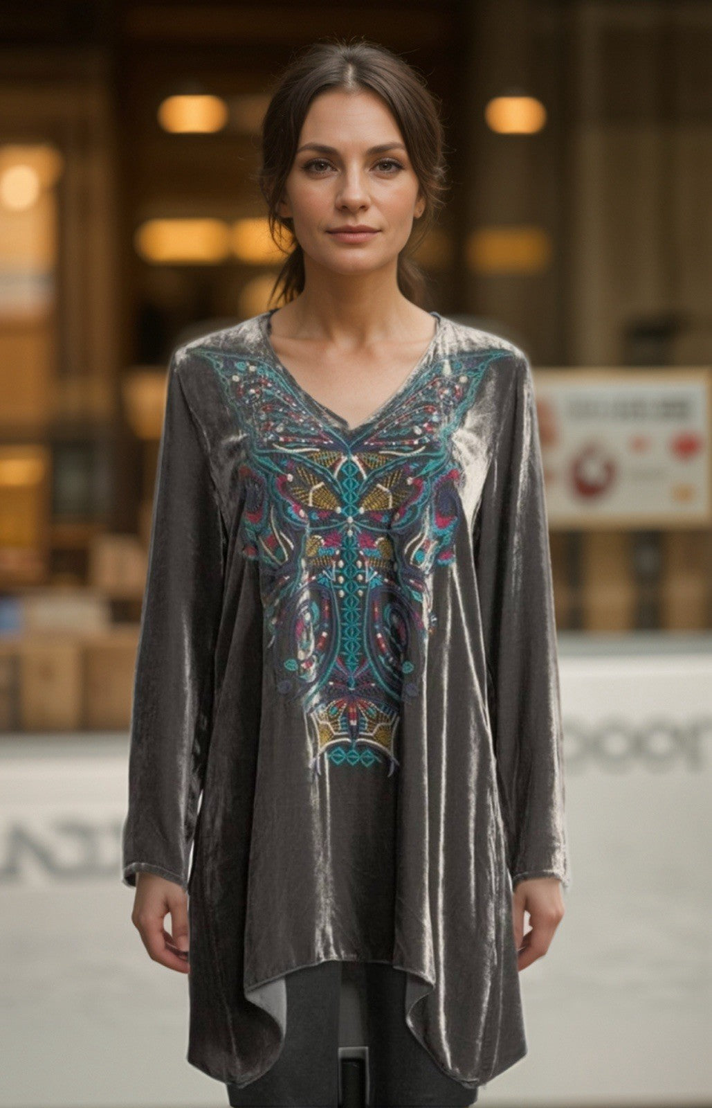 Johnny Was L Large Grey Velvet Butterfly Tunic Top Mini Dress Embroidered Johnny Was