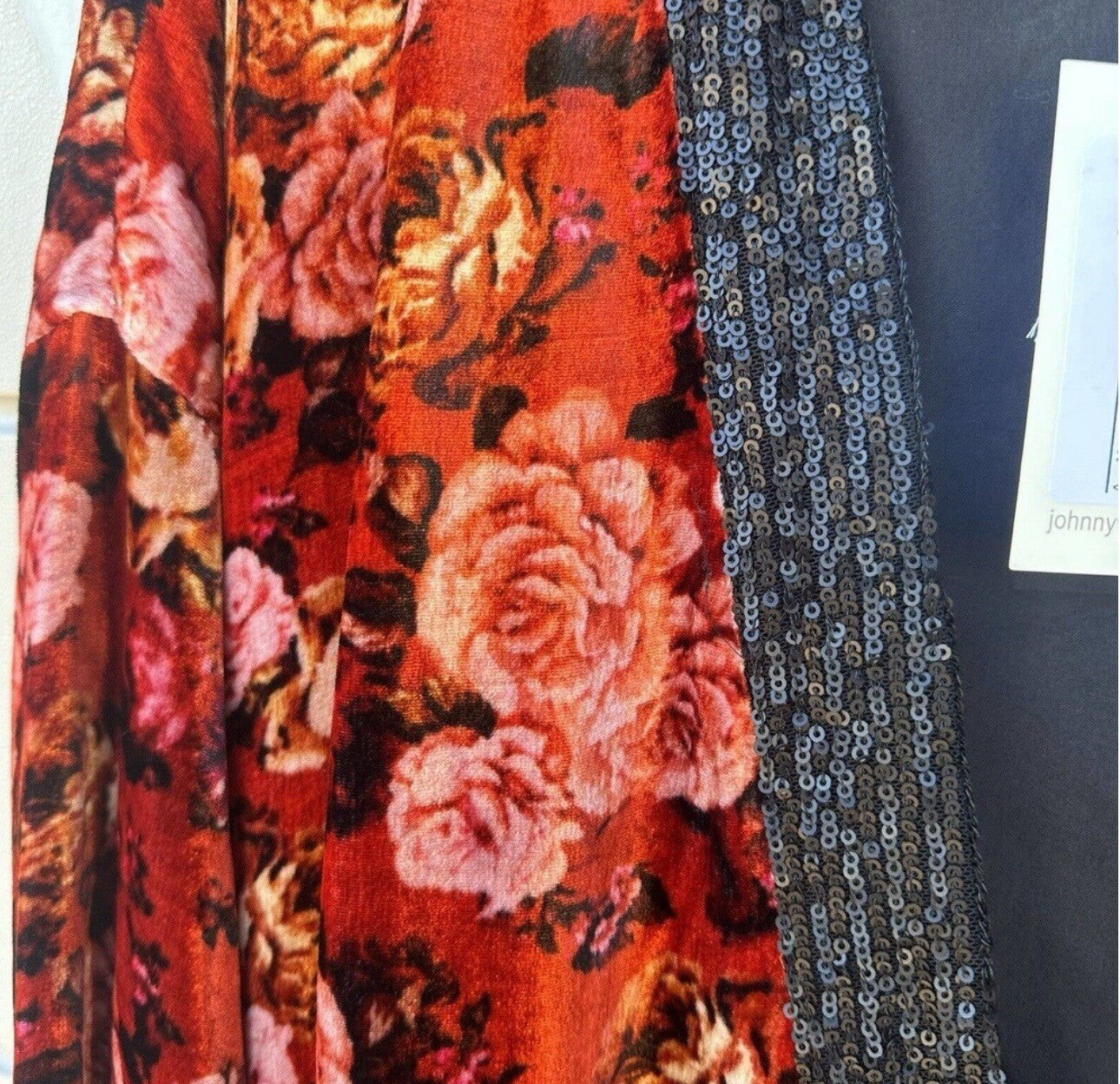 Johnny Was XL Red & Black Velvet Kimono Silk Lining Sequins Coat Jacket Johnny Was